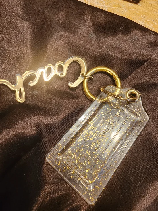 vintage Coach Poppy clear acrylic and gold-glitter script logo bag charm keychai