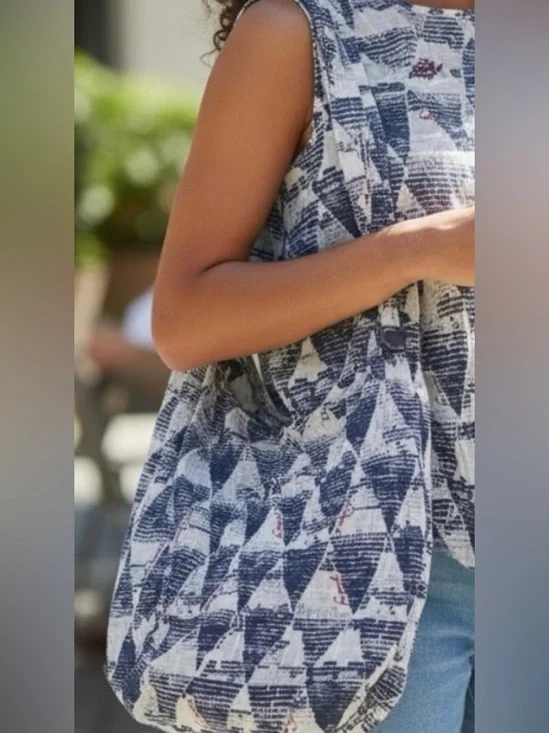 Free People Woven Blue & White Triangle w/ Red Free People logos Tote Bag