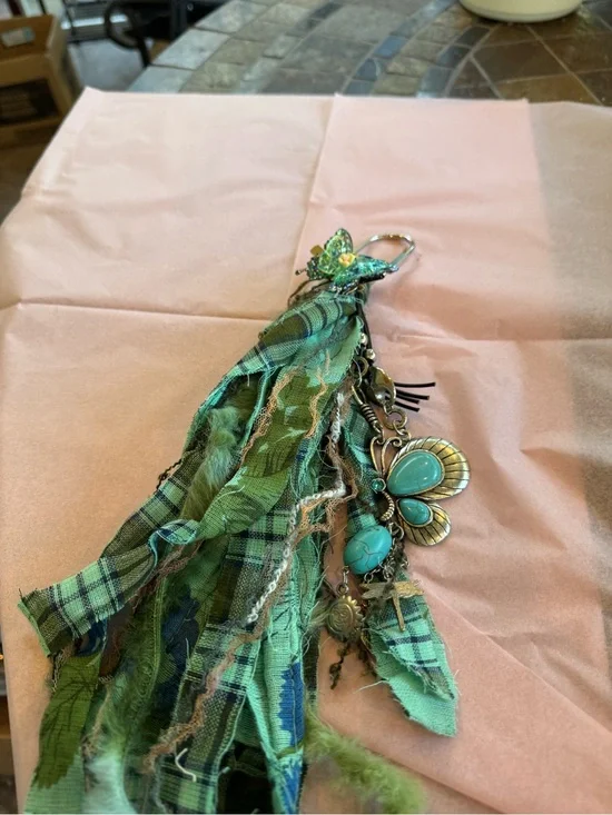 Green Boho Tassel Keychain Charm with Turquoise Accents
