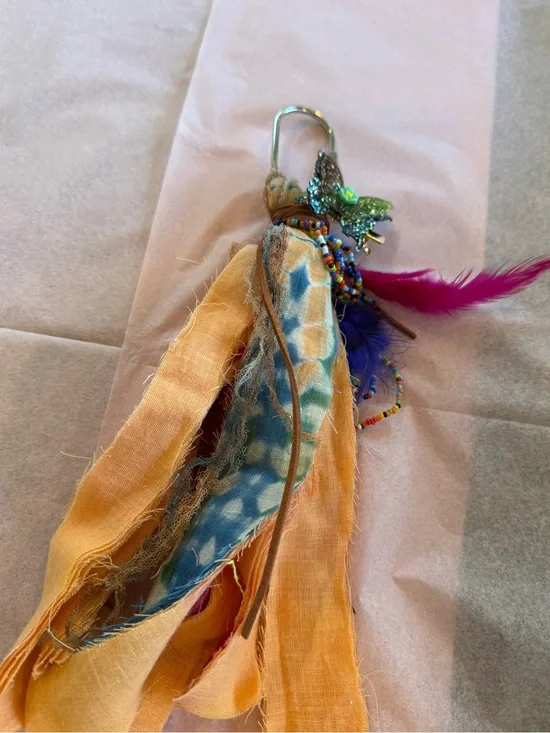 Boho Feather & Fabric Keychain Charm in Orange and Blue