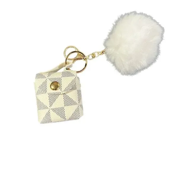 Clip on Keychain Pouch with white Pom Split check mini bag charm snap button gol