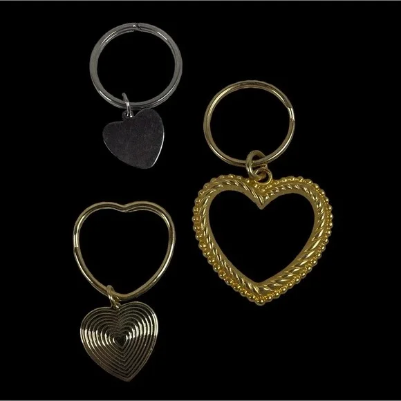 Vintage Heart Keychain Set 3pc Gold Silver Tone Rope Ribbed Open Heart Charms