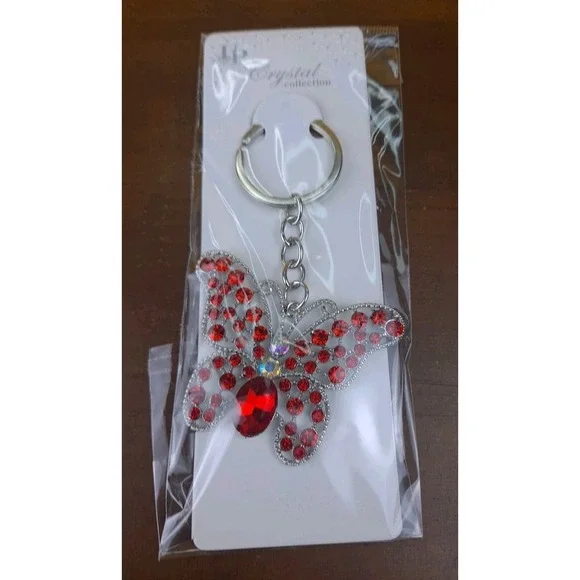 NIP Crystal Collection Red Crystal‎ Butterfly Silver Tone Keychain Backpack