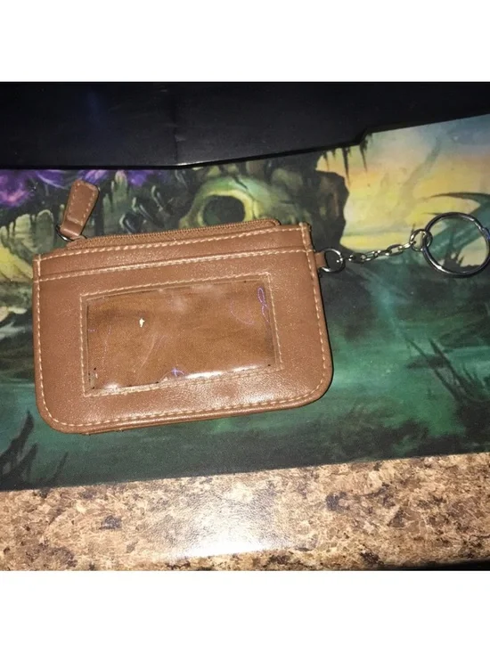 Brown Leather ID Keychain coin Wallet Card Holder