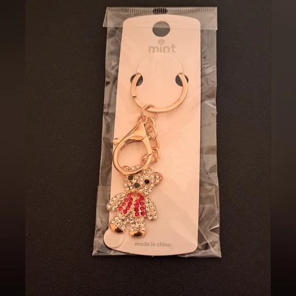 Mint Crystal Teddy Bear Keychain charm in Red and Gold NWT