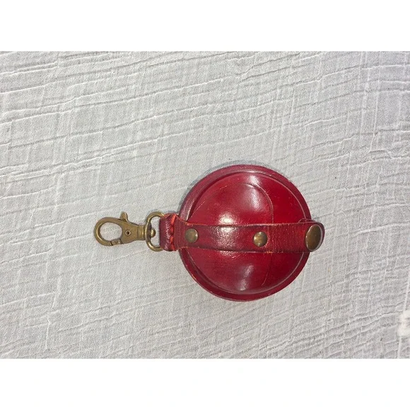 Vintage Red Leather Round Coin Purse Keychain Clip On Small Pouch Oxblood