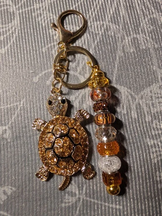 Gold Turtle Keychain Charm with Amber Beaded Accent - Bag Charm Accessory