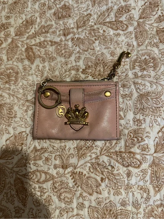 Juicy Couture Blush Pink Leather Card Holder with Gold Crown Charm