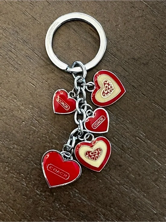 Coach Red and Cream Heart Charm Keychain