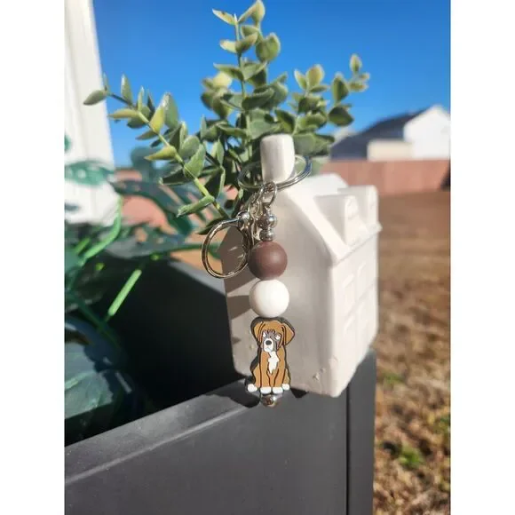 Brown & White Dog Silicone Beaded Keychain