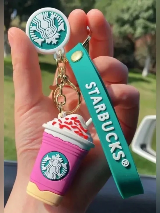 Starbucks Pink Silicone Cup Bag Charm Keychain with Green Strap