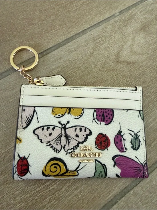 Coach White Leather Butterfly & Bug Print Card Case Keyring CR927