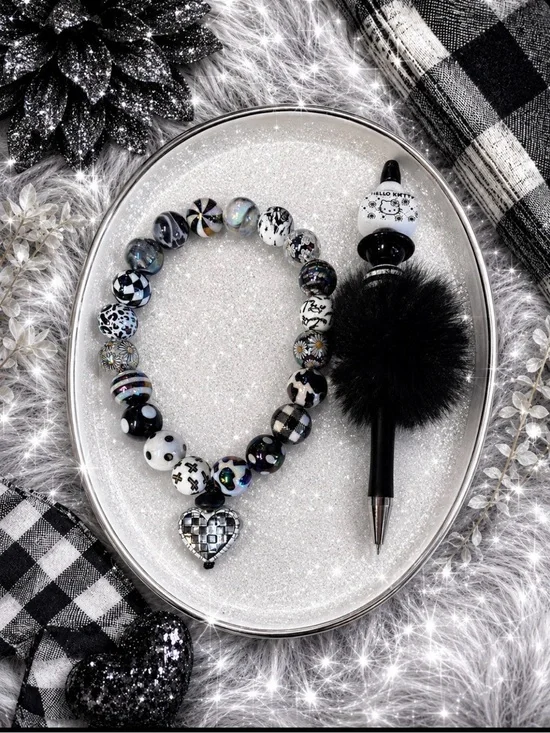 Handcrafted Beaded Furry Pen & Wristlet Keychain w/Heart