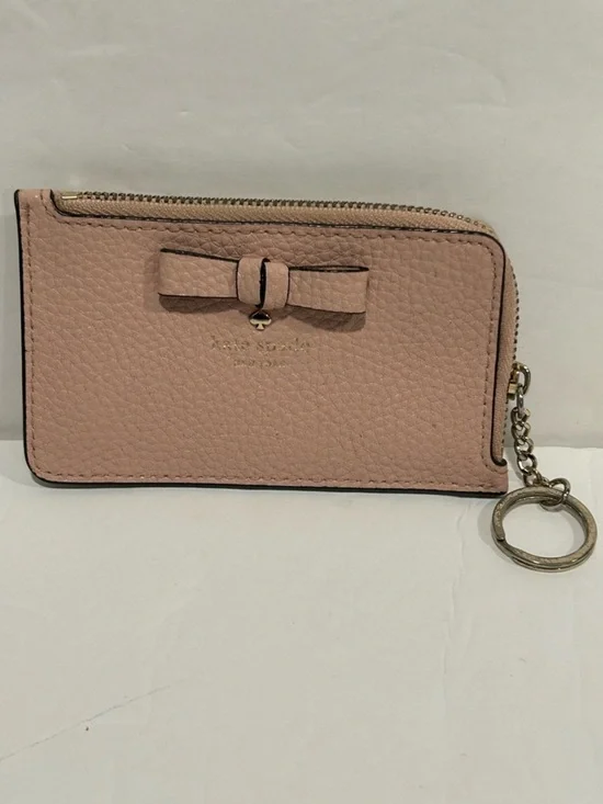 Kate Spade Pink Pebbled Leather Coin Purse Wallet Key Ring Bow Logo