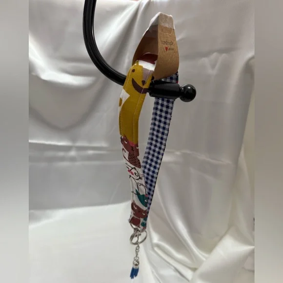 Handmade Plaid Cats Wristlet Keychain with Navy Blue Tassel