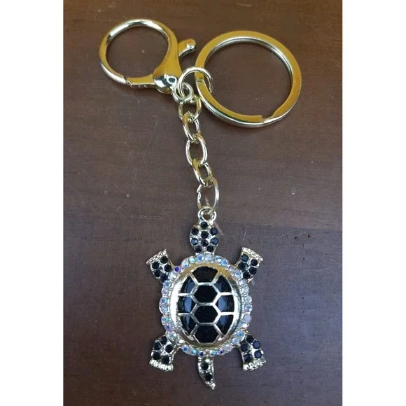 Turtle‎ Rhinestone Black Crystal Gold Tone Keychain Backpack Purse Clip