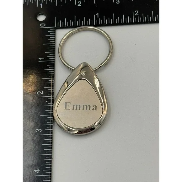 Emma Name Keychain Silver Tone Teardrop‎ Engraved Metal Key Ring with Rhinestone
