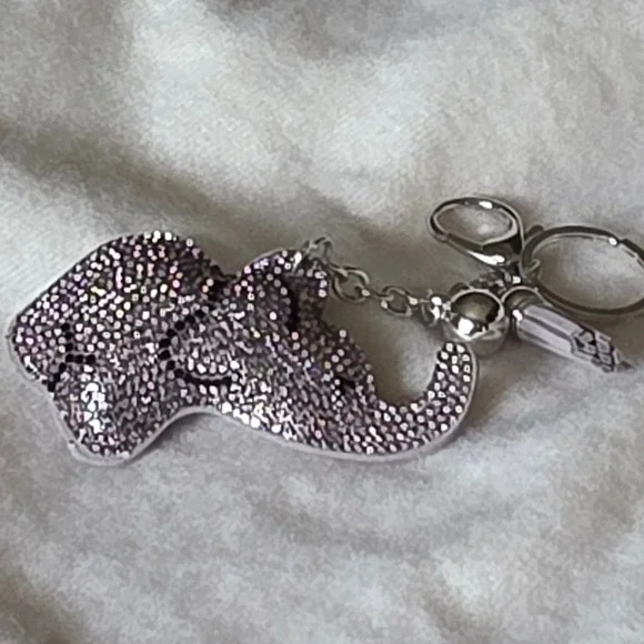 Grey Rhinestone Elephant Bag Charm Keychain with Tassel Silver Tone Hardware