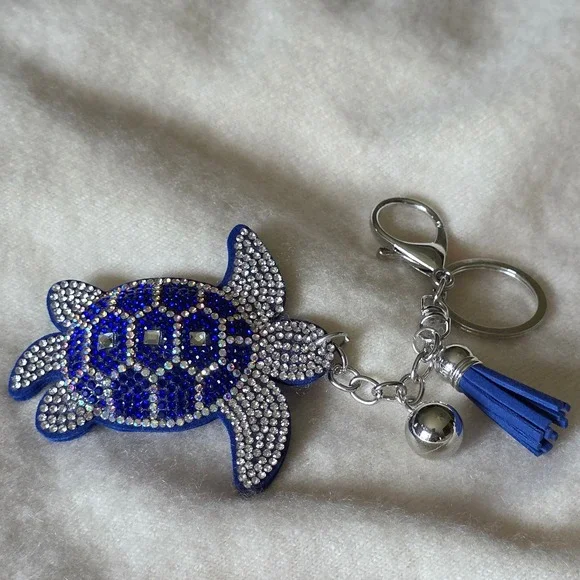 Blue Rhinestone Sea Turtle Keychain Tassel Bell Bag Charm Silver Tone Clasp NEW