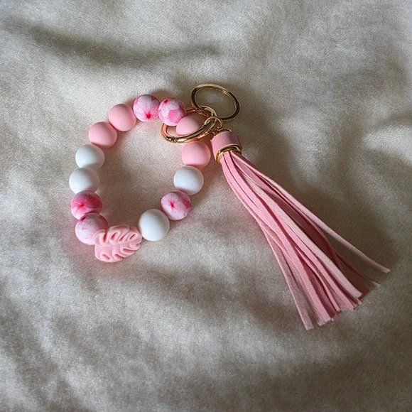 Pink Floral Silicone Bead Wristlet Keychain Monstera Leaf Tassel Gold Hardware