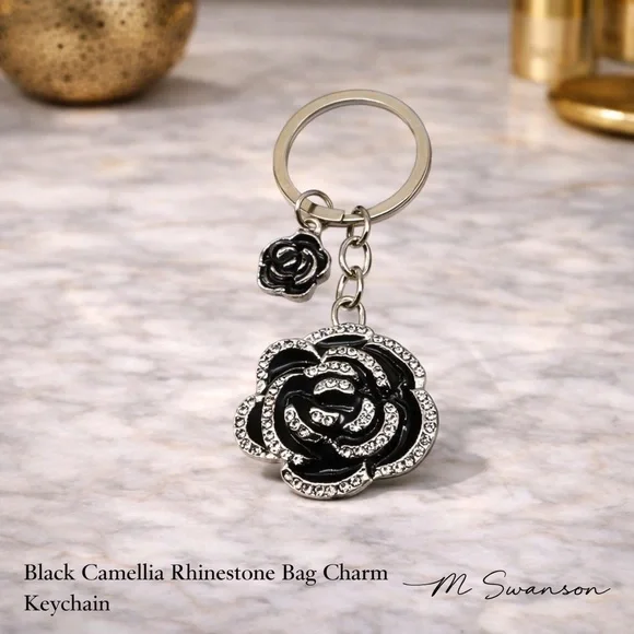 NEW Black Camellia Rhinestone Bag Charm Keychain Silver Tone NWT