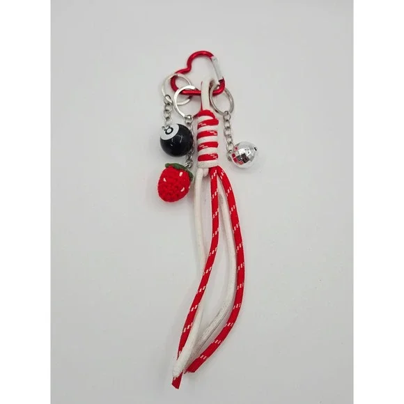 8 Ball Strawberry Disco Ball Heart Carabiner Bag Charm Keychain Red White