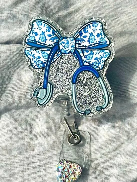 Blue Floral Bow Stethoscope Badge Reel