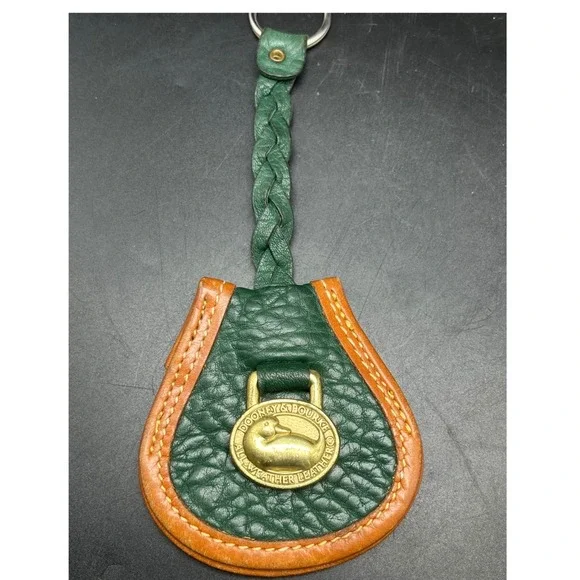 Vtg‎ Dooney & Bourke AWL Dbl key fob Ivy green/British tan solid brass duck logo