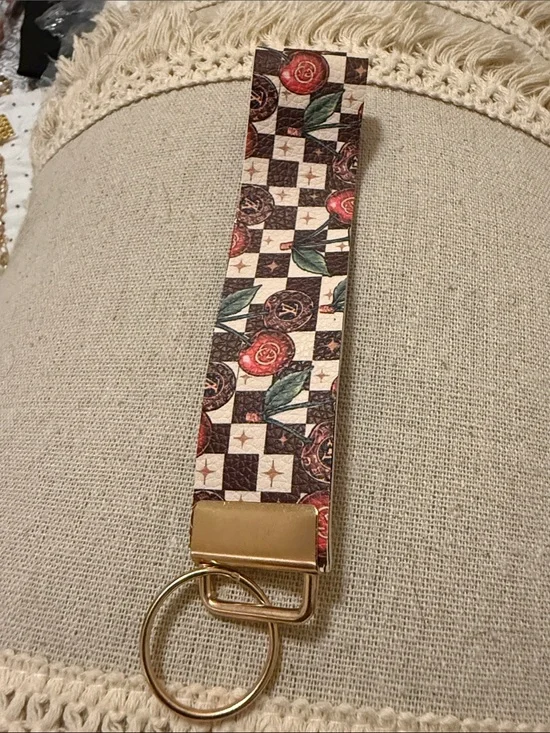 Floral Check Wrist Keyring with Gold Hardware