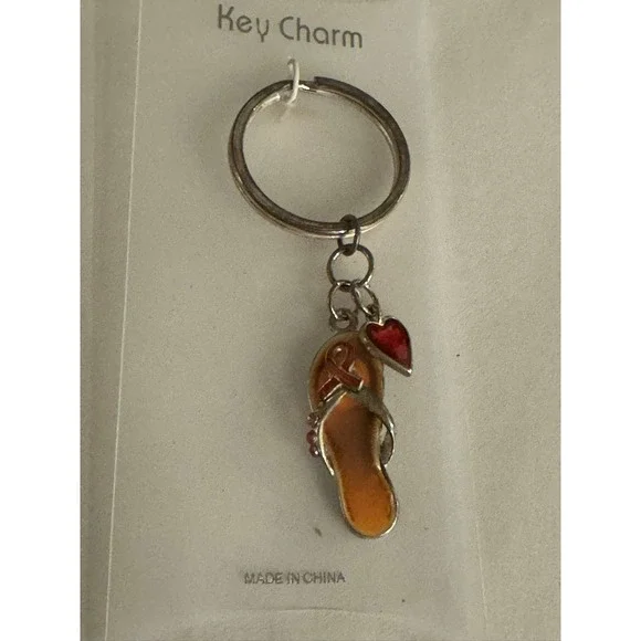 Flip Flop Keychain Charm Red Heart‎ Enamel Pink Rhinestones Awareness Ribbon