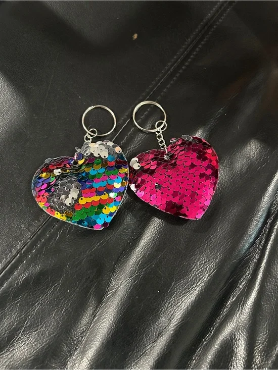 Sequin Heart Keychain Pair - Pink & Multicolor