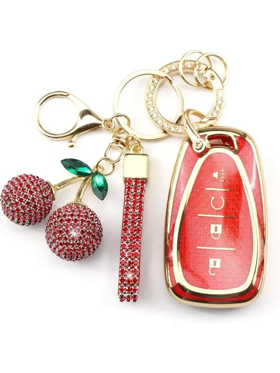 Sparkly Bling Key Fob Cover with Cherry Keychain, TPU Smart Case for Women