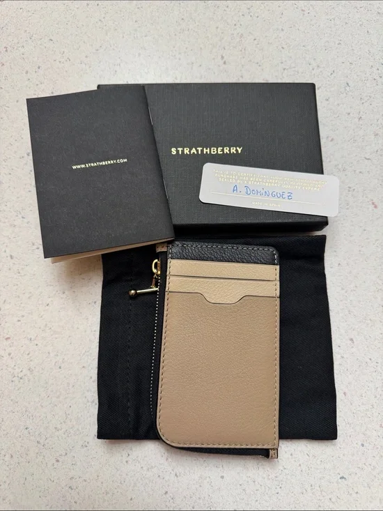 Strathberry Tri Oat/Black/Mushroom Leather Card Holder with Zipper