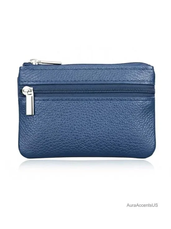 Genuine Leather Coin Purse with Zipper and Key Ring Mini Change Pouch