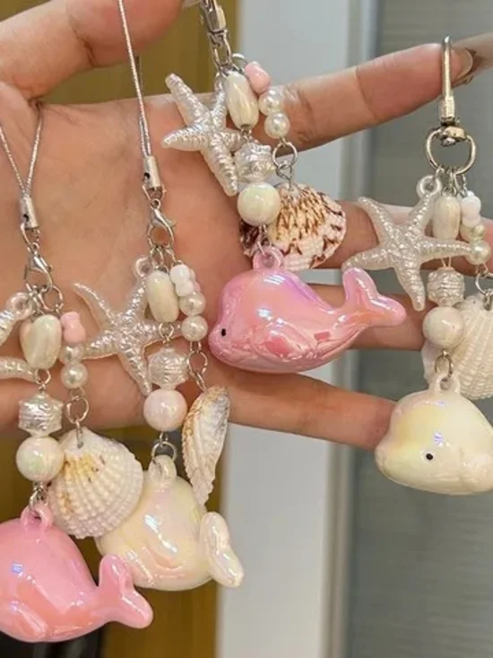 Pink Whale and Shell Charm Keychain Necklace - Women Jewelry