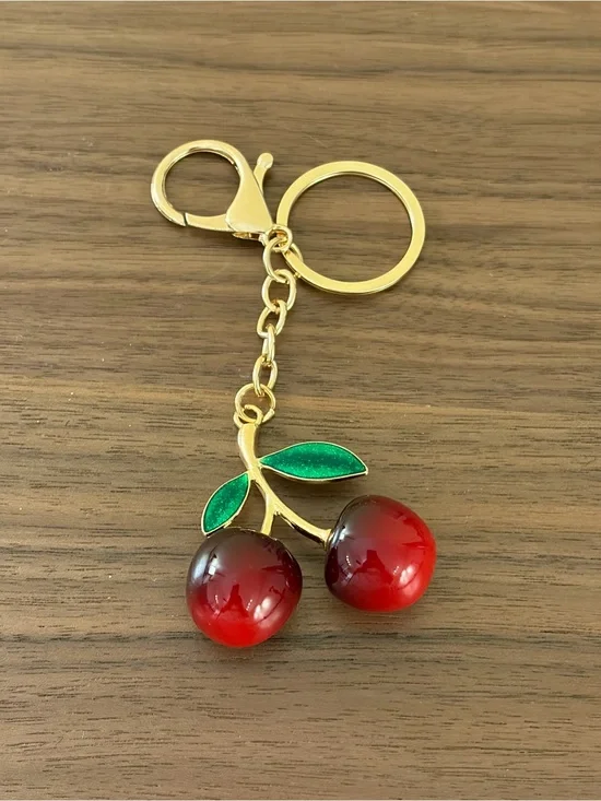 Red Cherry Keychain Bag Charm Gold Tone Green Leaves