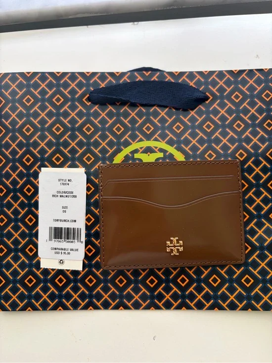 Tory Burch Rich Walnut Smooth Leather Card Holder with Gold Logo