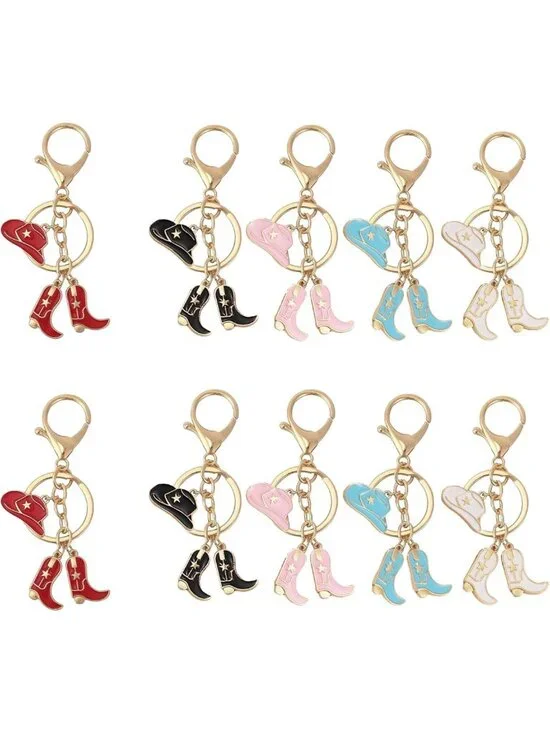 Cute Cowboy Key Chains - 10 Pack Western Hat & Boots Key Rings for Car, Purse
