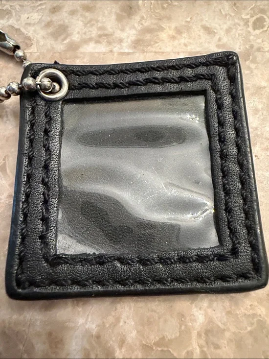 COACH Black Leather photo Holder Bag Charm with Ball Chain