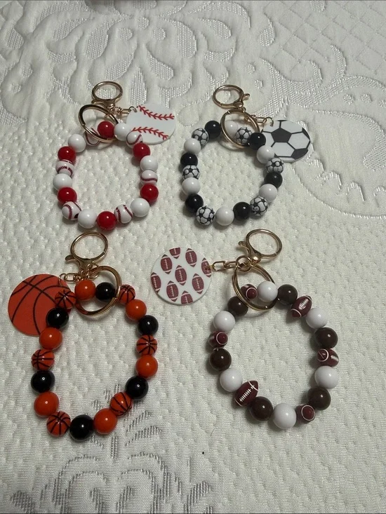 Set of 12 Sports Beaded Keychain Bracelet - Basketball Soccer, Football Baseball