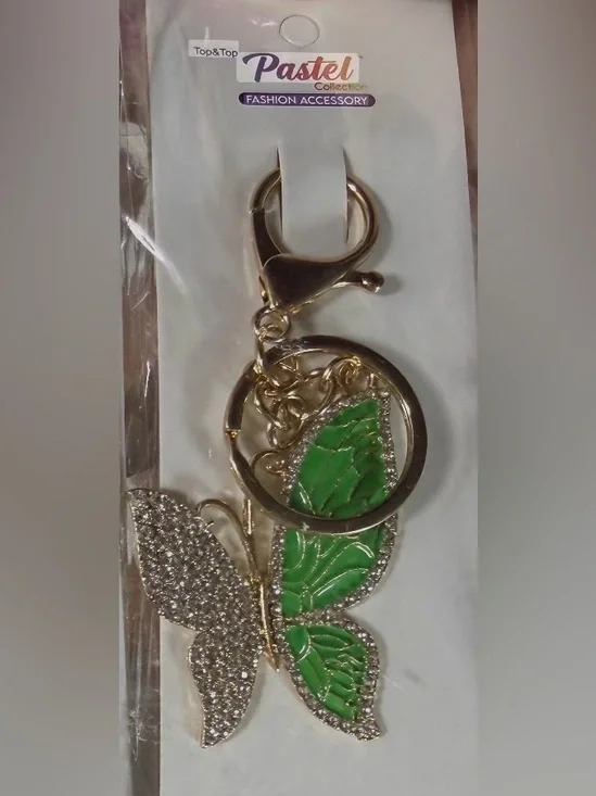 NEW Gold Butterfly Keychain with Green Enamel Wings