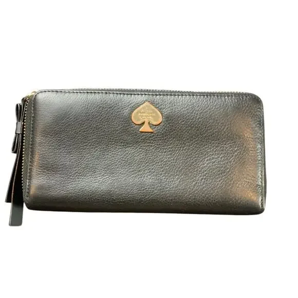 Kate Spade New York Black Leather Zip Around Wallet Continental Pebbled Leather
