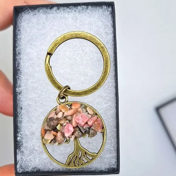 Rhodonite tree if life keychain gemstone bronze keepsake gift in…