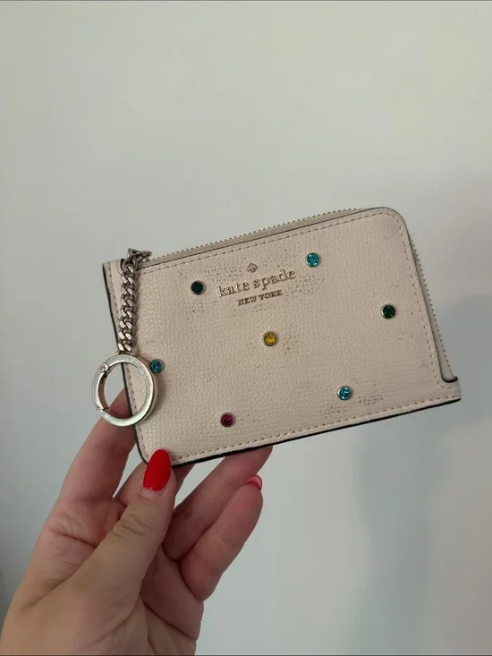 kate spade cream zip card holder with jeweled studs and key ring