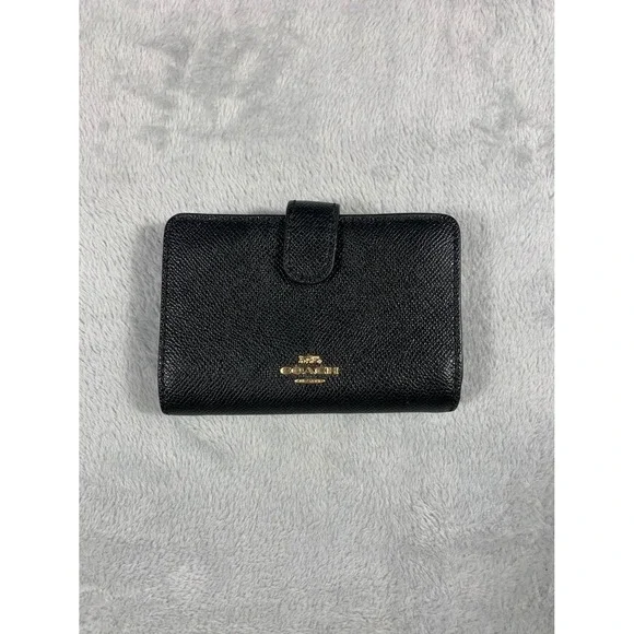 Coach Medium Corner Zip Wallet Black Crossgrain Gold Logo Womens