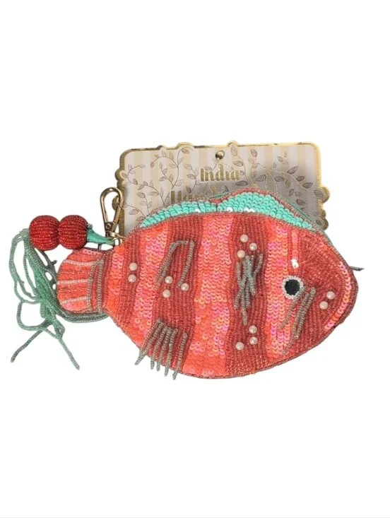 Handmade in India Hand Beaded Fish Zip Coin Purse