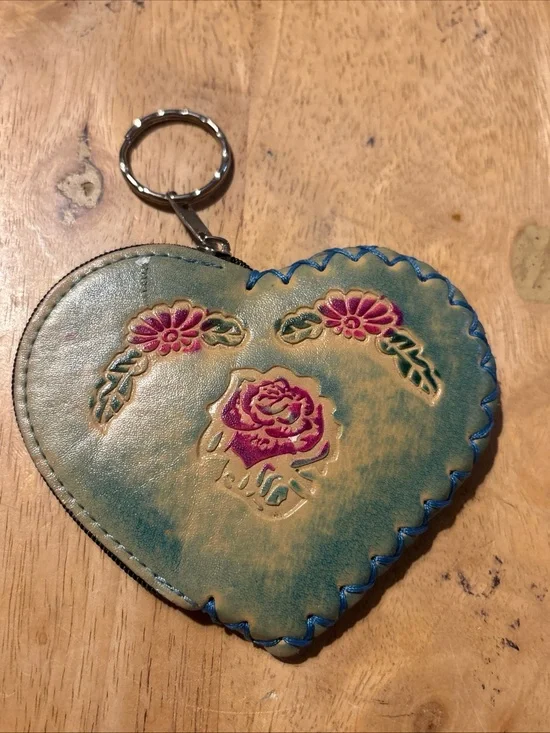 Handcrafted Heart Key & Coin Holder in Teal with Pink Floral Accents
