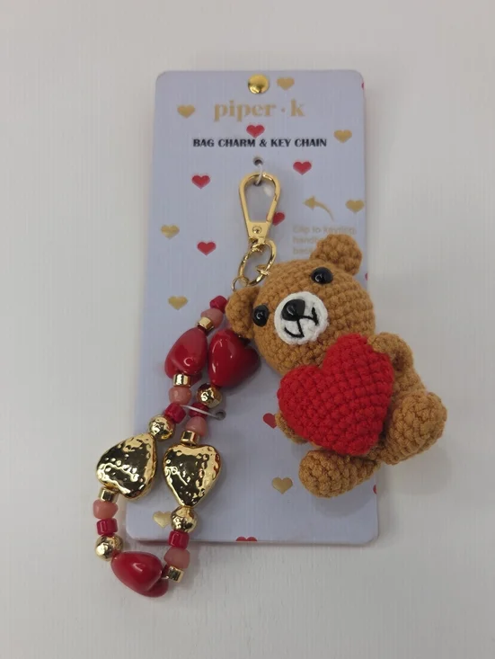 🧸▪️Piper K ▪️Charming Brown and Red Crochet Teddy Bear Bag Charm Keychain