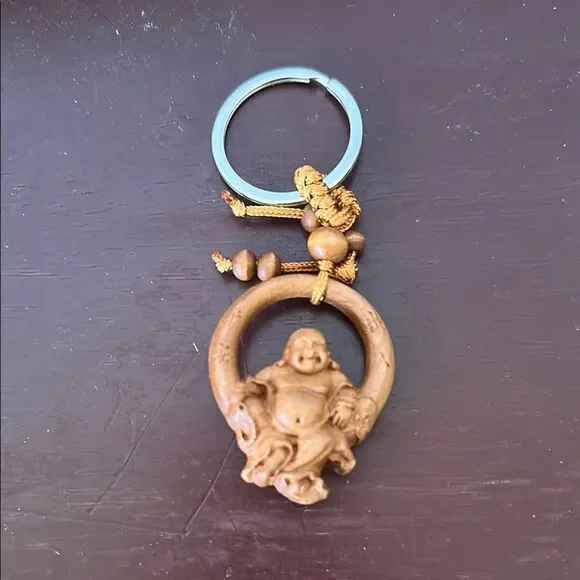Wood Keychain Keyring Happy Buddha Ho Tai Brown Carved Lucky Charm Gift