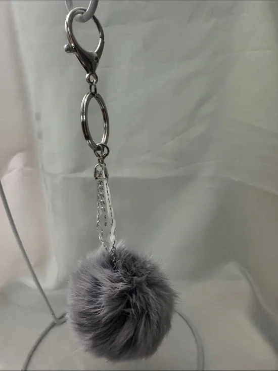 Gray Rabbit Fur Pom Keyring Bag Charm with Silver Hardware and Clear Pendant